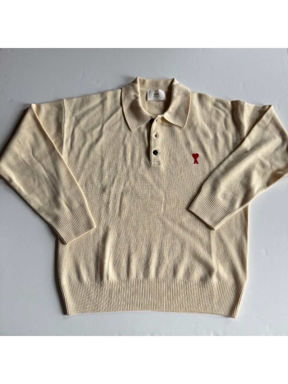AMI Paris Cream Wool Knit Polo Sweater - Men's US XL